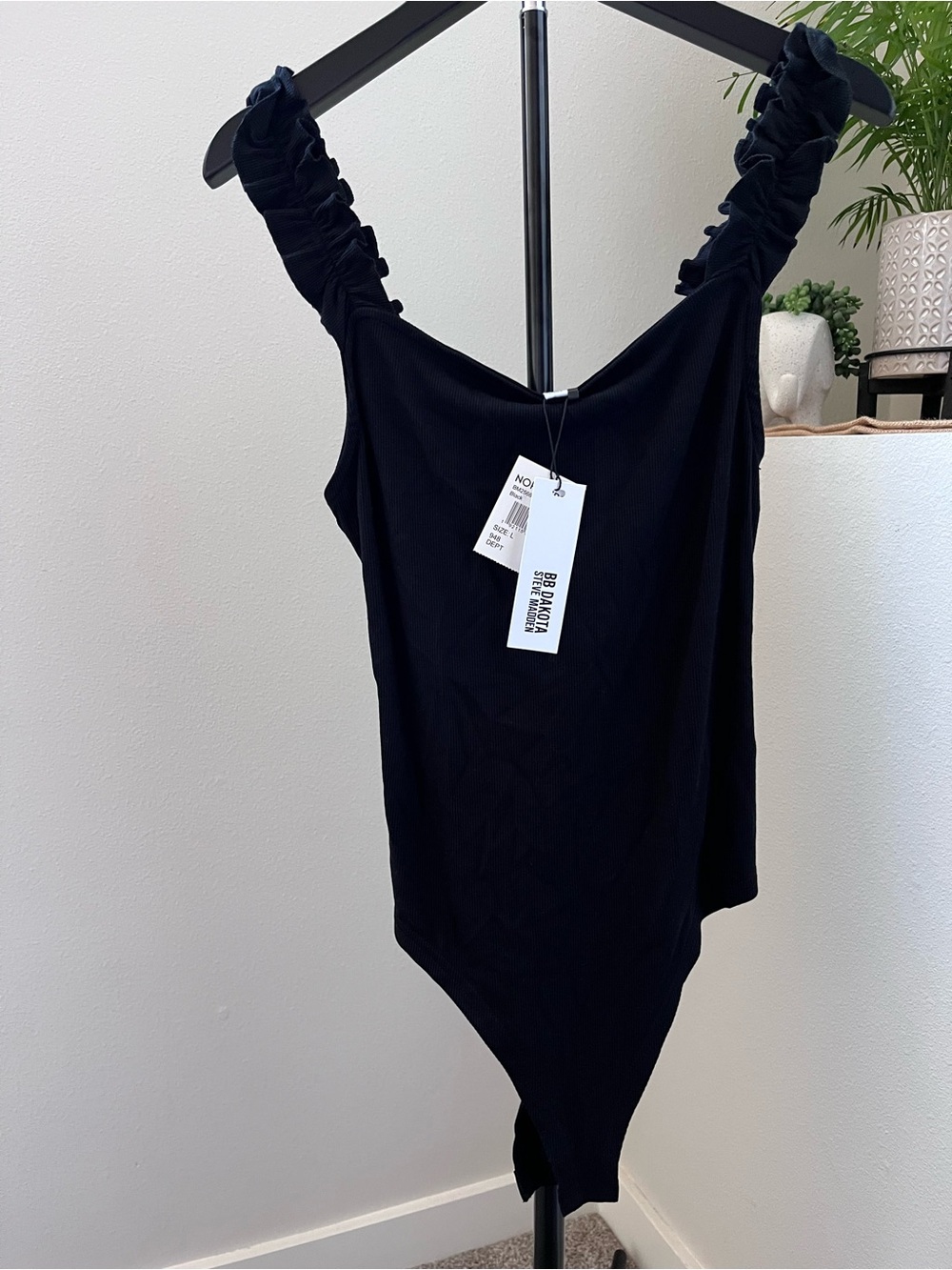 Ruffled Strap Black Women's Bodysuit